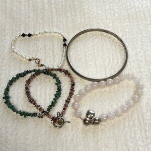 Vintage Lot of 5 Bracelets Stone, Alpaca Mexico Bangle, Rose Quartz, Pearl